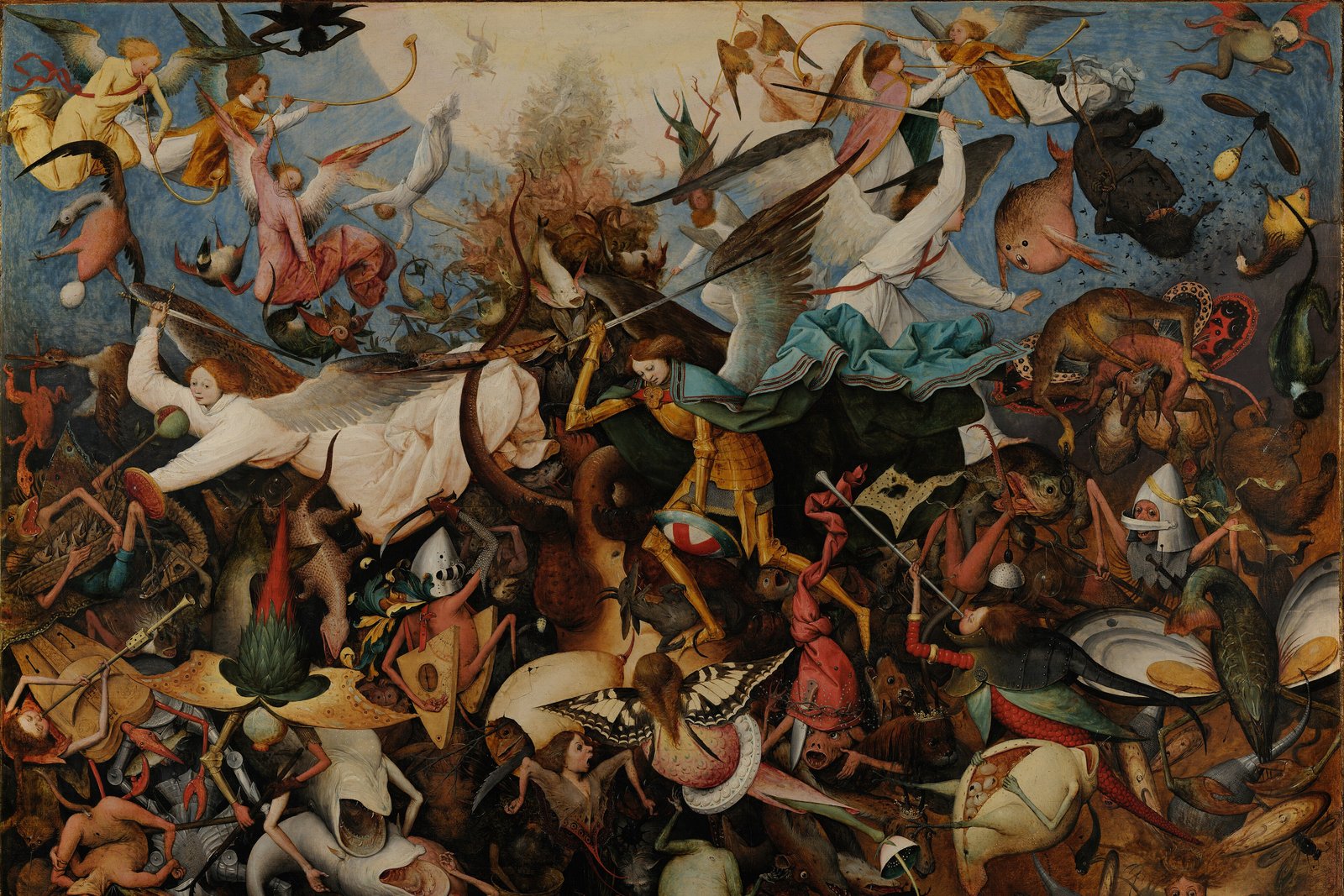 Pieter Bruegel the Elder's painting of the Fall of the Rebel Angels, showing the armored Archangel Michael casting fallen angels out of heaven into a chaos of monstrous forms below