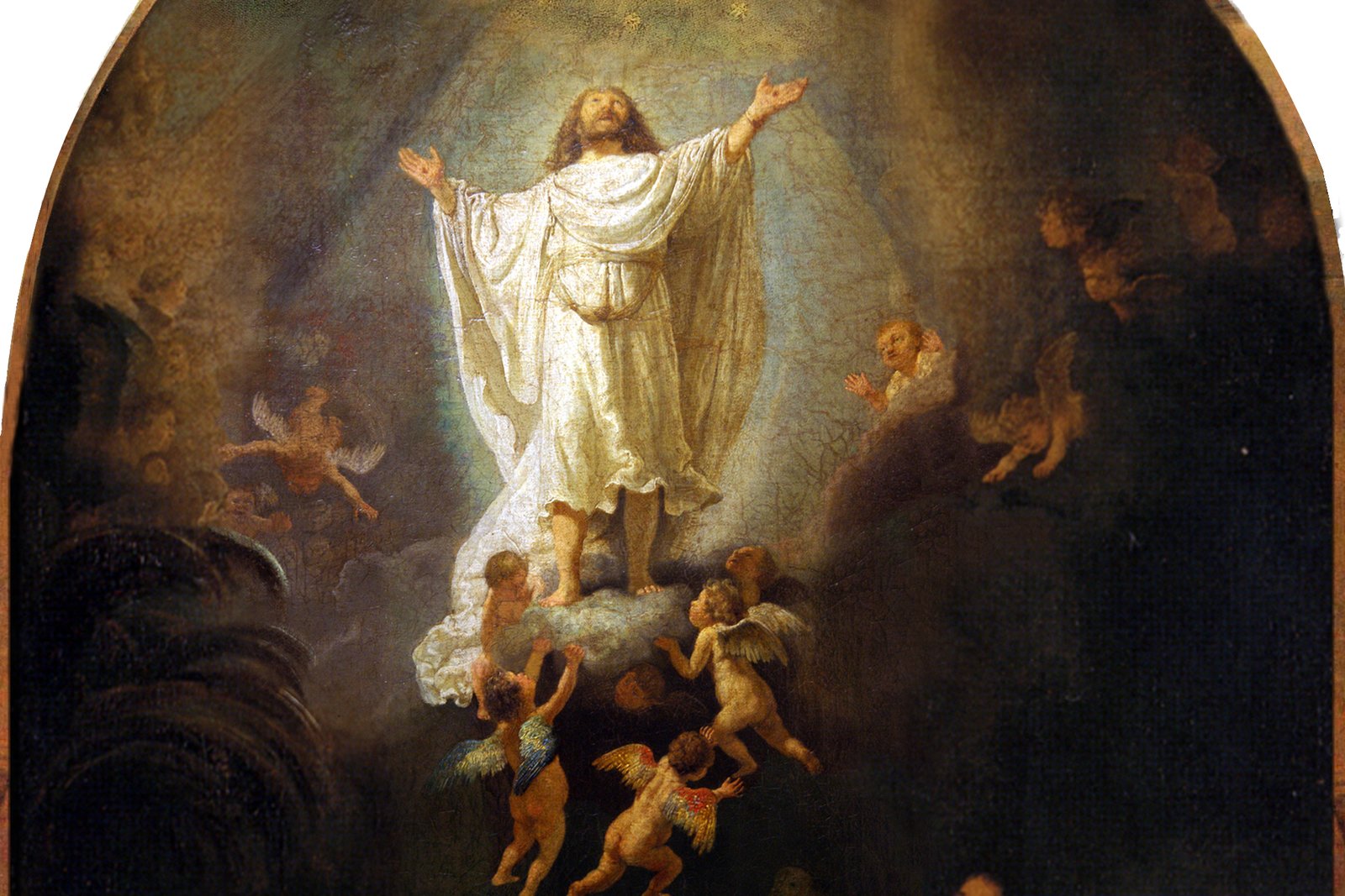 Rembrandt's painting of the Ascension of Christ, showing Jesus rising into a burst of heavenly light above the apostles gathered below