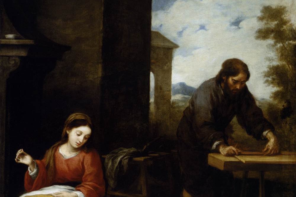 Murillo's painting of the Holy Family, showing Mary, Joseph, and the young Jesus together, a scene of domestic family life.