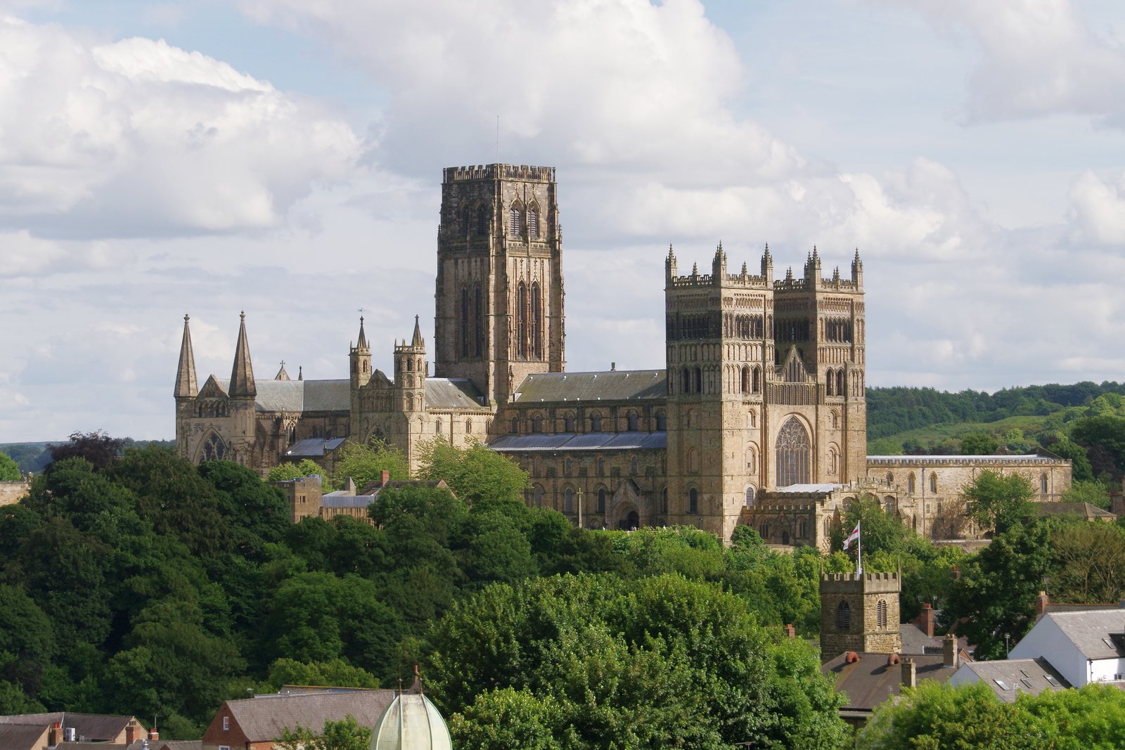 The twin Norman towers and massive stone nave of Durham Cathedral in northern England