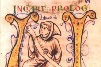 A medieval manuscript miniature portrait of a tonsured monk in white habit, seated and writing in a book.