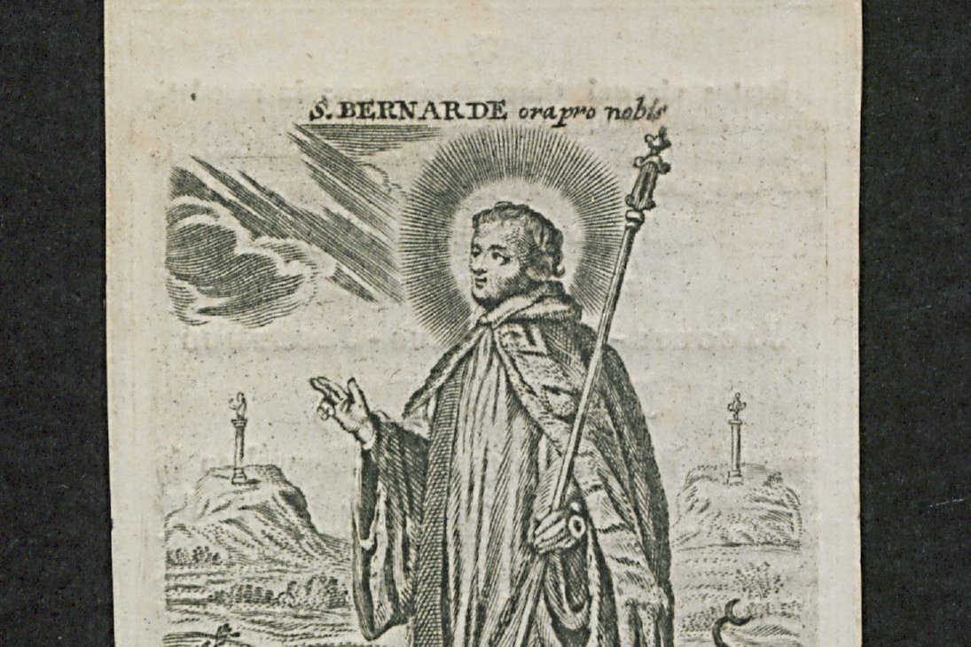 A 17th-century engraved portrait of a bearded medieval churchman in clerical robes, shown in a formal oval frame.